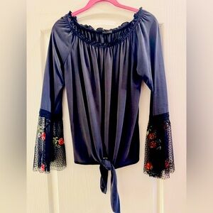 Sweet Claire Black Blouse with Lace Floral Sleeves